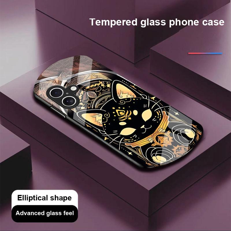Black Gold Cat For Apple IPhone 16 11 13 15 14 Pro Max 12 Mini 7 8 Plus XR X XS Elliptical Shaped Tempered Glass Phone Case