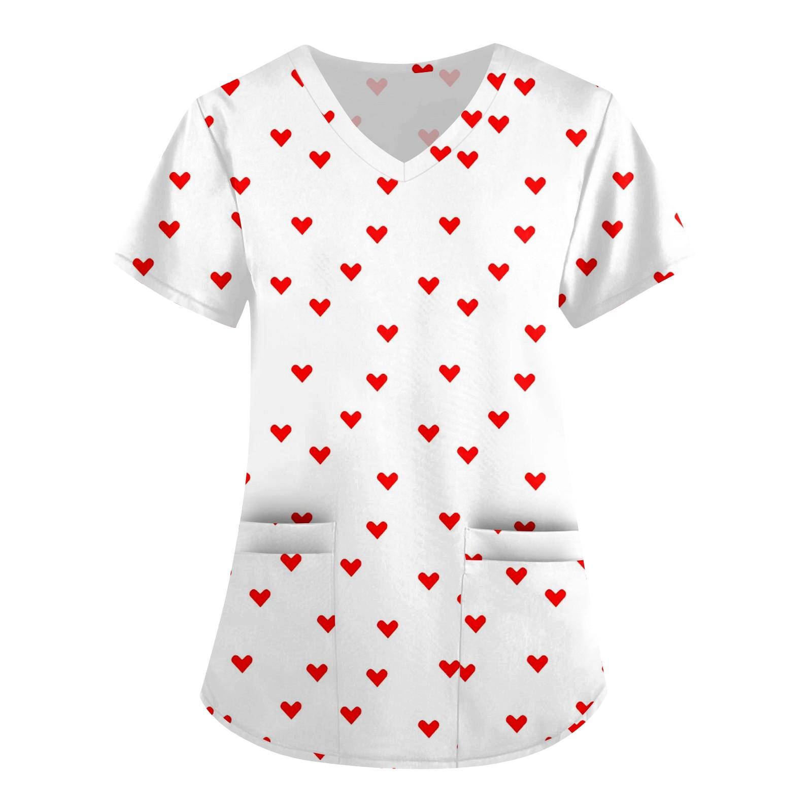 

Женская симпатичная принтованная рабочая одежда с V-образным вырезом, двухслойными карманами, базовым коротким рукавом, пуловером ко Дню святого Валентина XL белый