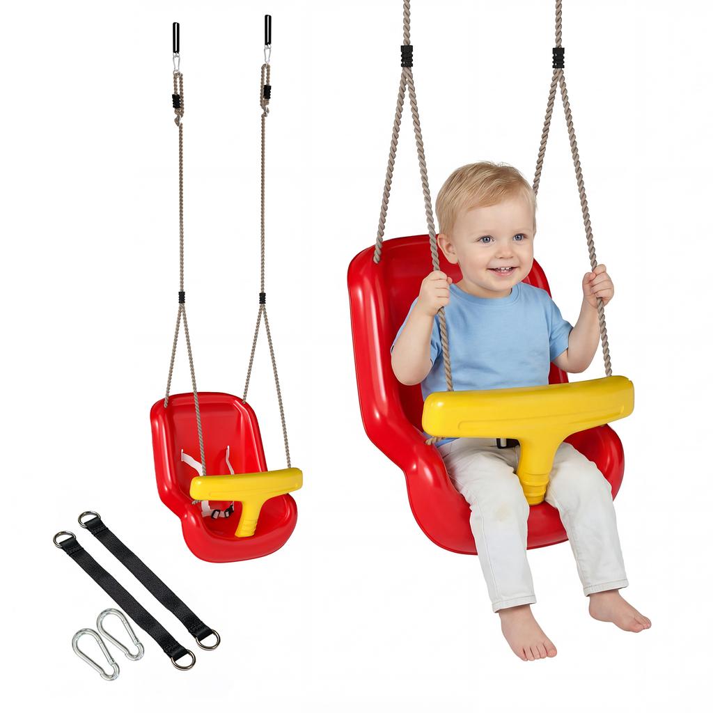 Baby Swing Adjustable Growing With Child Baby Seat with Backrest, Safety Rail, for Children 9-36 Months, Red