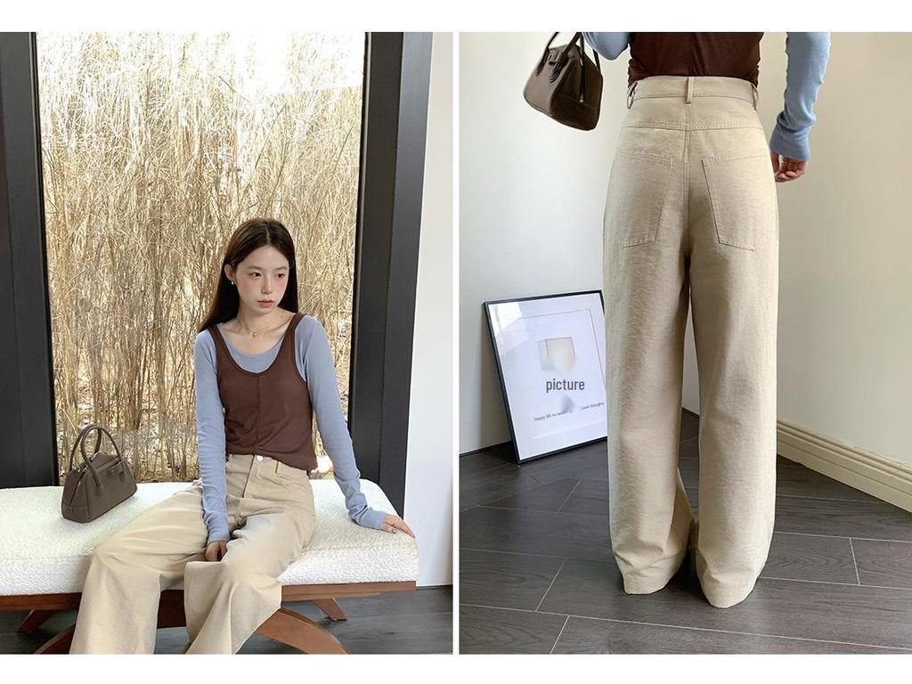 Vision Khaki Women's High-Waisted Straight Casual Pants - Spring 2026 Korean Style Loose Wide-Leg Long Pants