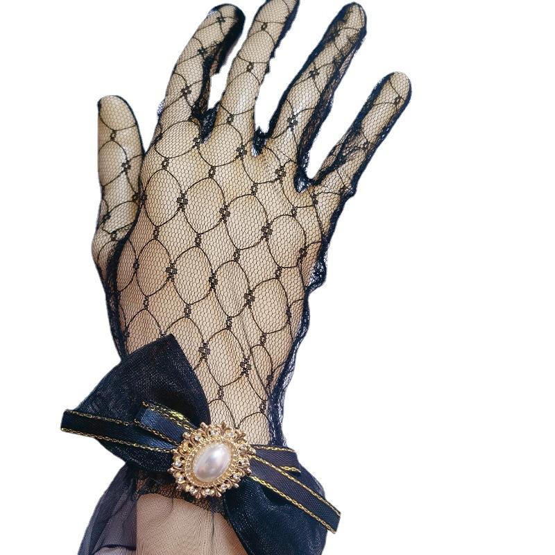 New Halloween Cosplay Dress Gloves Mesh Flash Diamond Black Lace Bow Gloves