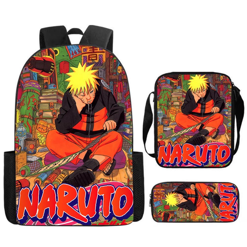 3Pcs Set NARUTO Anime Kids Backpack Mochila with Crossbody Bag & Pencil Case, Lightweight & Durable, for Ages 6-10 Boys & Girls
