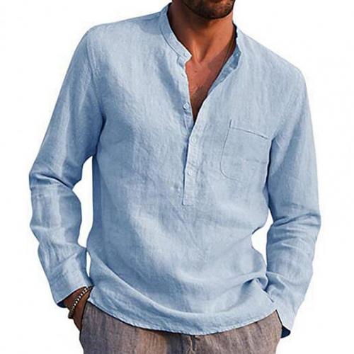 2024 Men Casual Shirts Solid Color V Neck Long Sleeve Shirt Simple Button Pocket Top Cotton Linen Skin-friendly Daily Wear Shirt