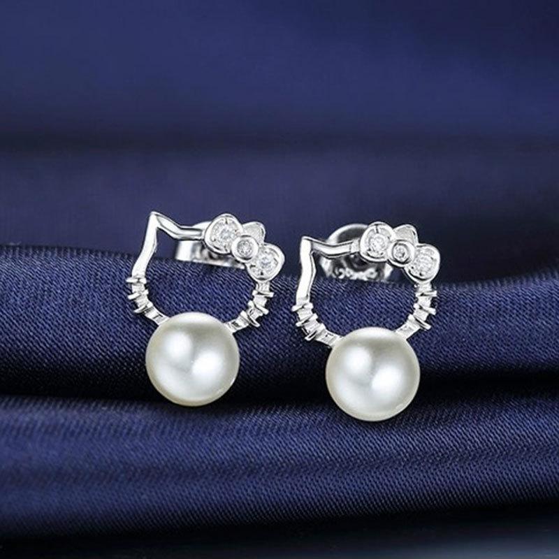 Mode frauen Elegante Ohrringe Perle Katze Ohrstecker Perle Silber Überzogene Ohrringe