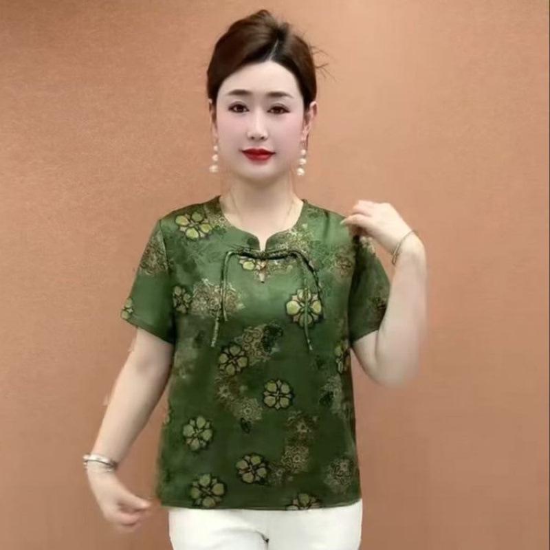 Summer 2026 Retro Chinese Style Printed T-shirt for Middle-Aged & Elderly Women - Slimming Short Sleeve Round Neck