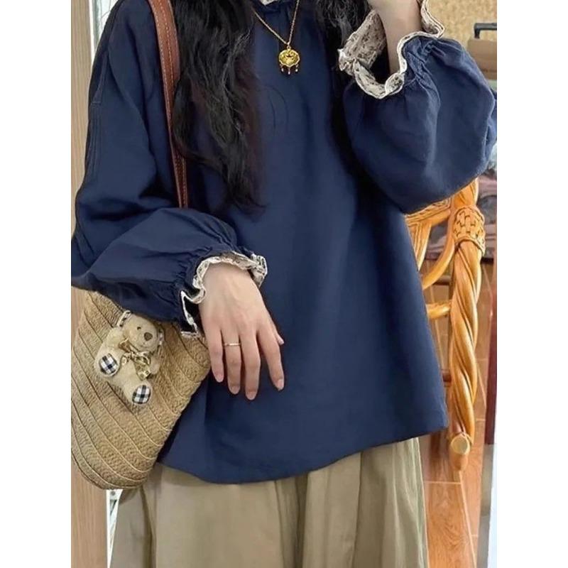 Navy Blue Lace Shirt Long-sleeved Loose Retro Round Neck Versatile Pullover  Elegant Top