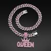 Couronne Rose Diamant pour Femme, Pendentif Lettre QUEEN, Collier Cubain Diamant Long Hip Hop Accessoire Féminin