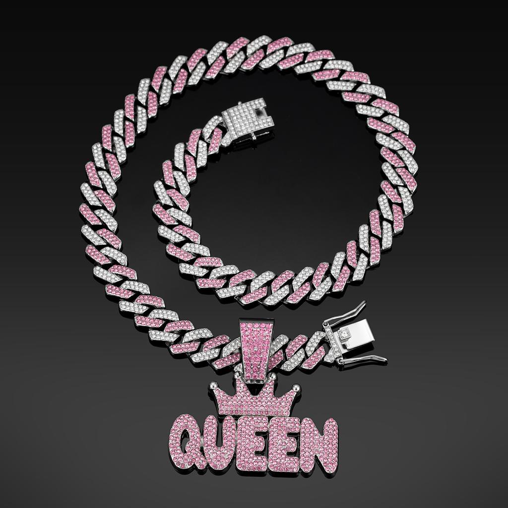 Couronne Rose Diamant pour Femme, Pendentif Lettre QUEEN, Collier Cubain Diamant Long Hip Hop Accessoire Féminin