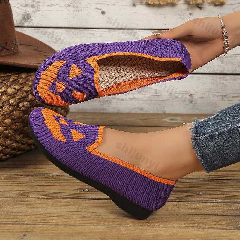 Fashion Women Fly Weave Shoes 2025 New Halloween Fashion Pumpkin Breathable Casual Shoes Lightweight Comfortable Soft Sole Slip on Flats