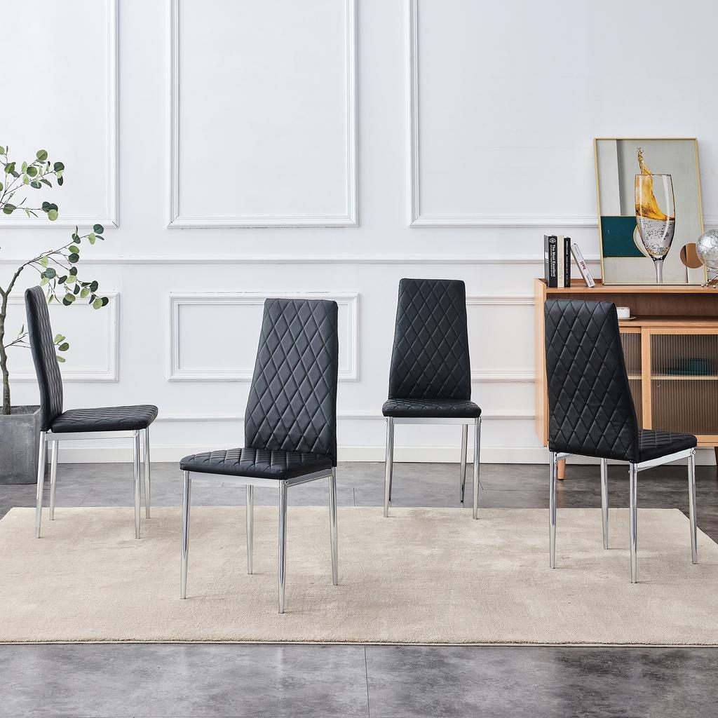 Set di 4 sedie da pranzo, nere, ecopelle PU con motivo a rombi, gambe in metallo, sedia moderna per cucina, soggiorno, caffè e ufficio domestico