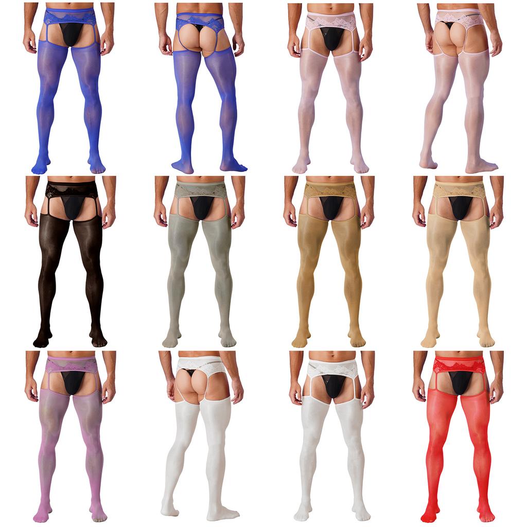 Mens Crotchless Pantyhose Floral Lace Design Open Leggings One Piece Garter Stockings Club Wear