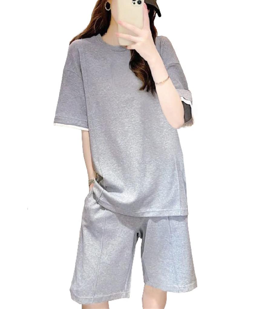 Roomwear Pajamas Loungewear Spring Summer Loose Fit Short Sleeve Cute Top and Bottom Set Large Size Shorts Nightwear Gray L [three Joy] Women's