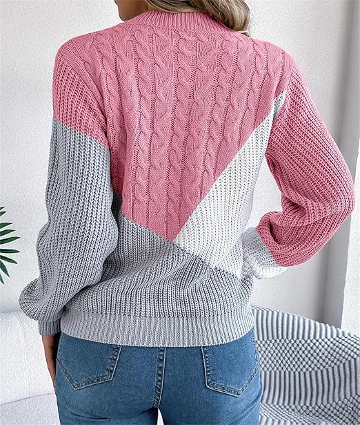 Womens Oversized Pullover Sweaters Crew Neck Long Sleeve Color Block Jumper Loose Knit Tunic Tops