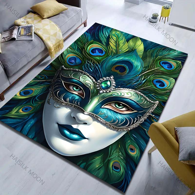 Venetian Peacock Feather Mask Print Carpet Modern Home Decor Area Rug for Bedroom Living Room Sofa Floor Mat Gifts