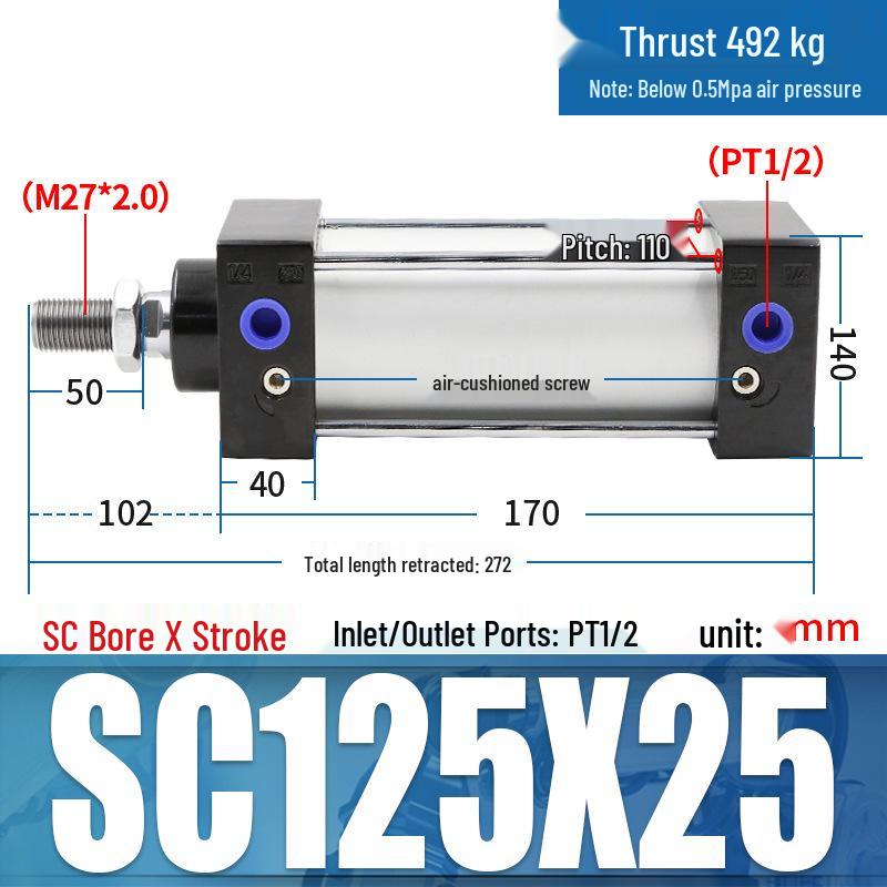 SC63 High Thrust Small Pneumatic Cylinder, Model SC40/50/80/100*125X150X200X500-S