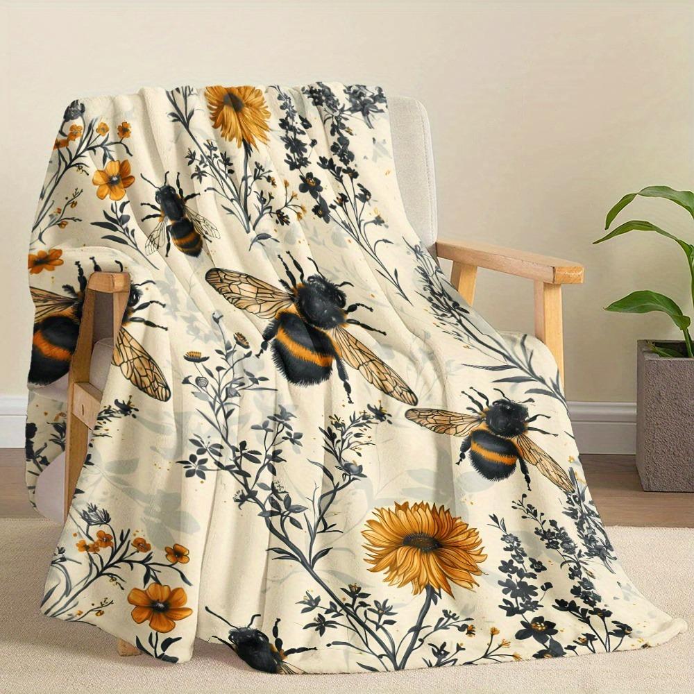 Cozy Soft Warm Skin-Friendly Bee Wildflower Flannel Throw Blanket Napping Camping Travel Sofa Bed Friends Family Gift Blankets