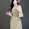 Large Size Fat Mm French Temperament Belly Covering Pleated Suspender Dress Women's Summer Thin Sunscreen Cardigan Two-piece Set