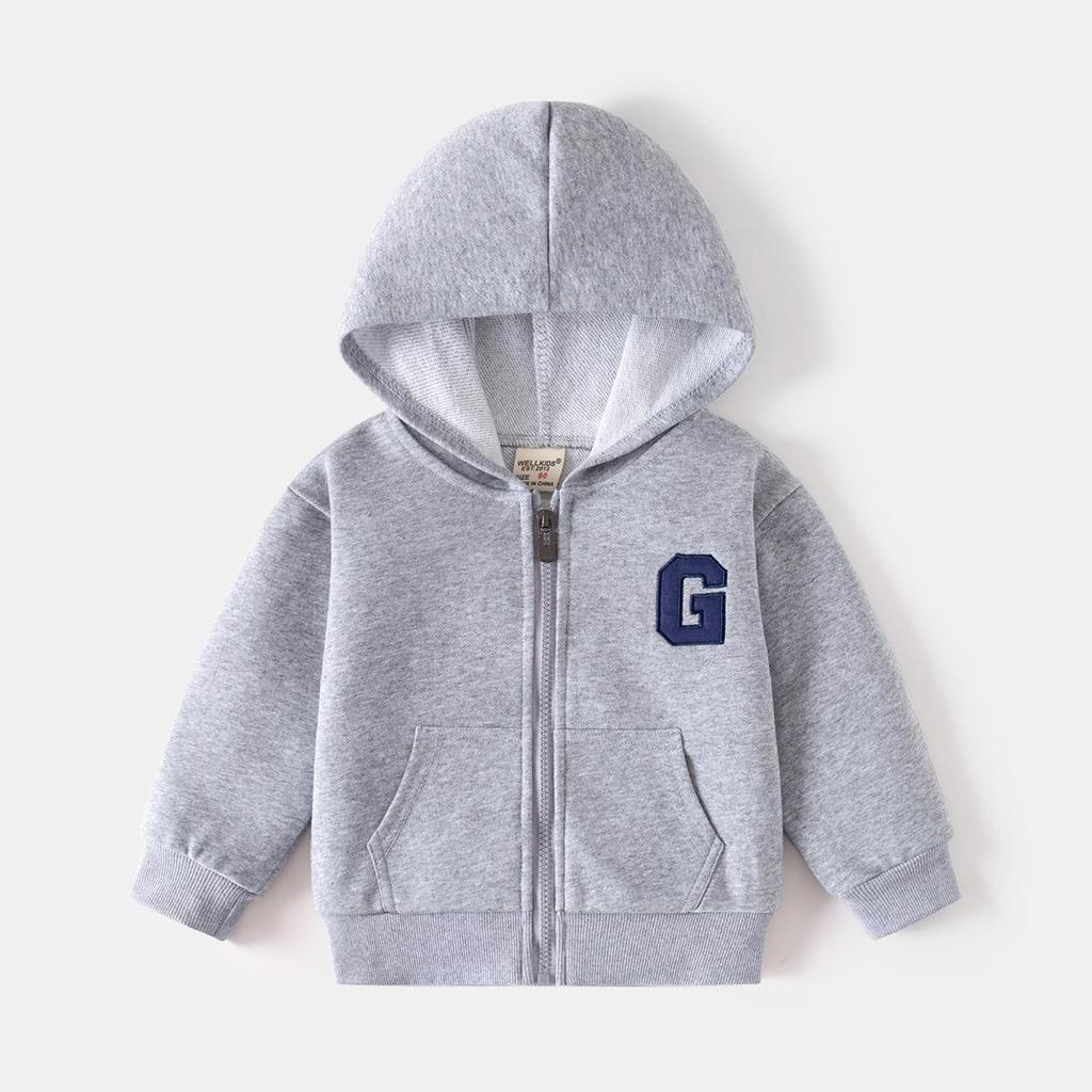 Kids' 2025 Hooded G Letter Zip-Up Jacket - Solid Color Korean Style Sweatshirt