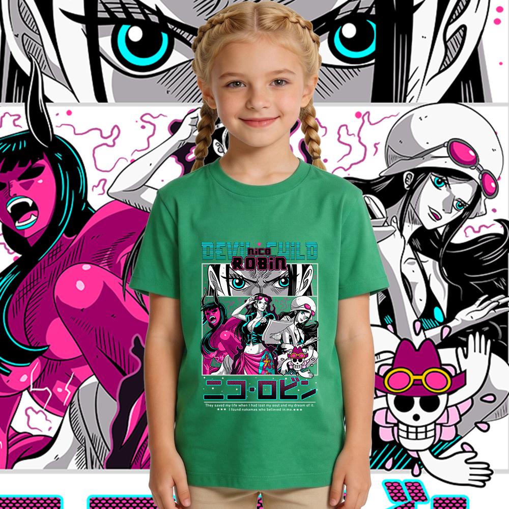 One Piece Robin Anime Print Boys Girls Cotton T Shirt Casual Short Sleeve Kids Summer Top Soft Breathable Daily Wear