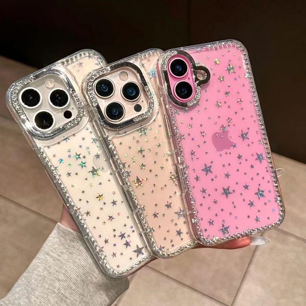 Shiny Glitter Star Rhinestone Shell Pattern Phone Case For iPhone 17 Air 16 15 14 13 12 11 Pro Max 14 Plus Soft Shockproof Cover