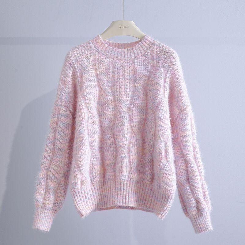 Women's Round Neck Twist Sweater Autumn and Winter Loose Pullover Knit Sweater Sweet Casual Knit Top Outwear