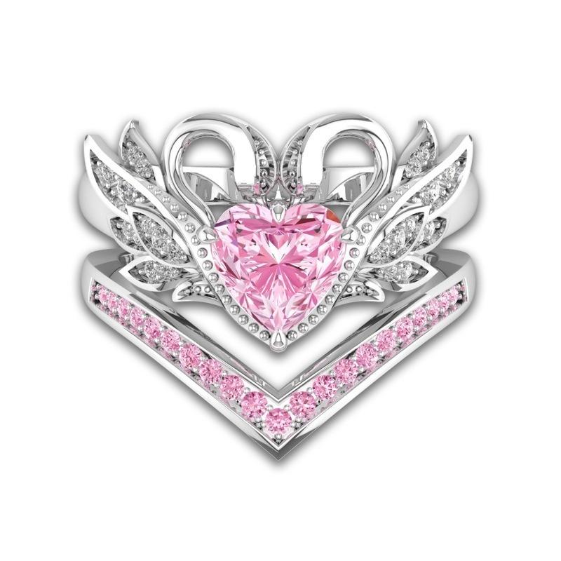 Eleganter Schöner Kupferfarbener Herzring Damen Verlobung Zirkon Herzförmig Schwan Ring Set Brautparty Hochzeit Schmuck Geschenk