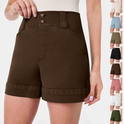 Pantalones cortos de sarga elástica suave para mujer con bolsillos laterales, tacto suave, ajuste favorecedor y botón