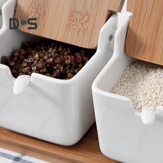 250 ml Flip Lok Krydderboks med skje Keramisk Krydder Salt Sukker Kryddergryte Kjøkken Gadget