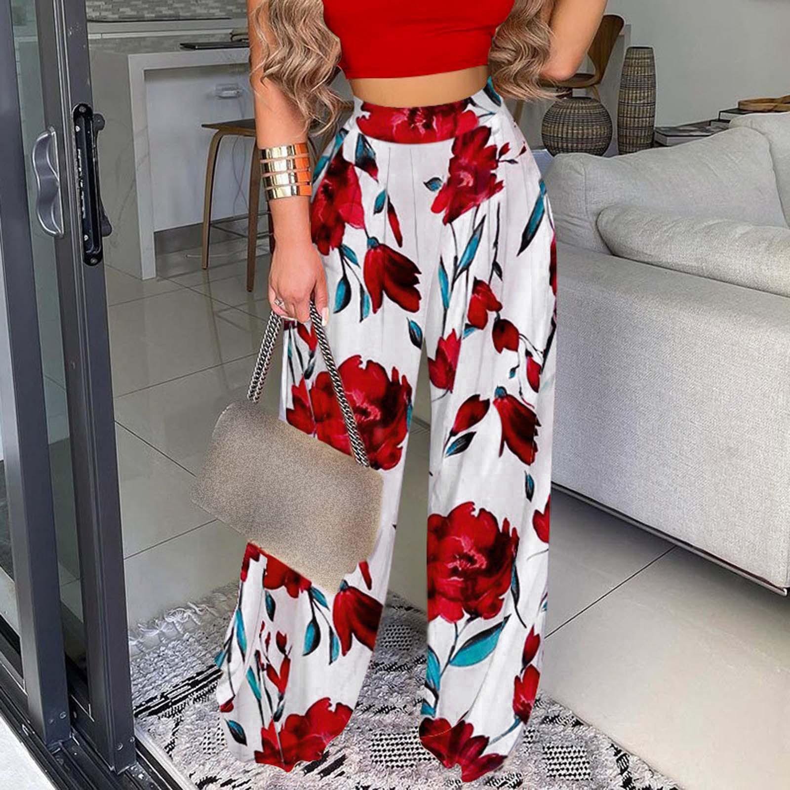 

Women s European And American Fashion Plus Size Casual Flower Print Stitching High Waist Wide-leg Trousers L червоний