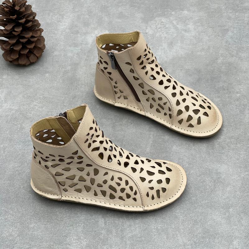 

Johnature Handmade Genuine Leather Hollow-out Short Boots Flat Round Toe Breathable Soft Soled Women s Shoes 40 абрикосовий