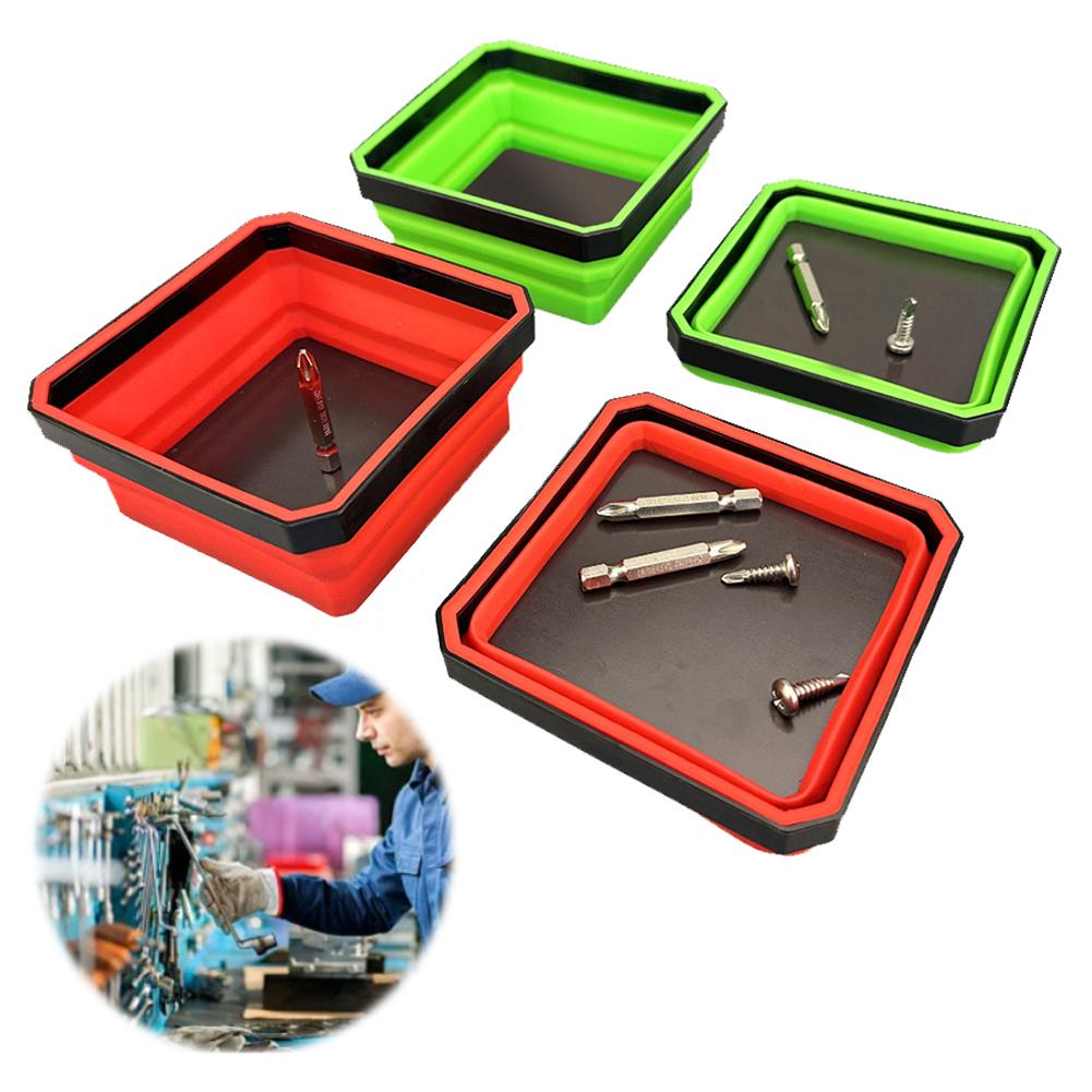 2 PCS Collapsible Magnetic Screw Tray Square Silicone Bowls with Magnetic Base Tool Organizer Stores and Organizes Small Parts