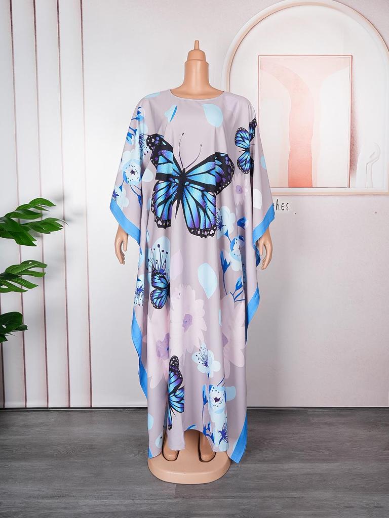 African Batwing Sleeve Chiffon Robe: Loose Plus Size Muslim Women's Printed Dress