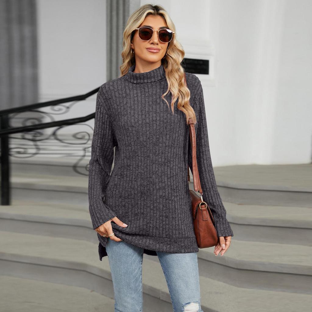 2024 High-Neck Loose Long-Sleeve Slit T-Shirt for Women: Autumn/Winter Collection