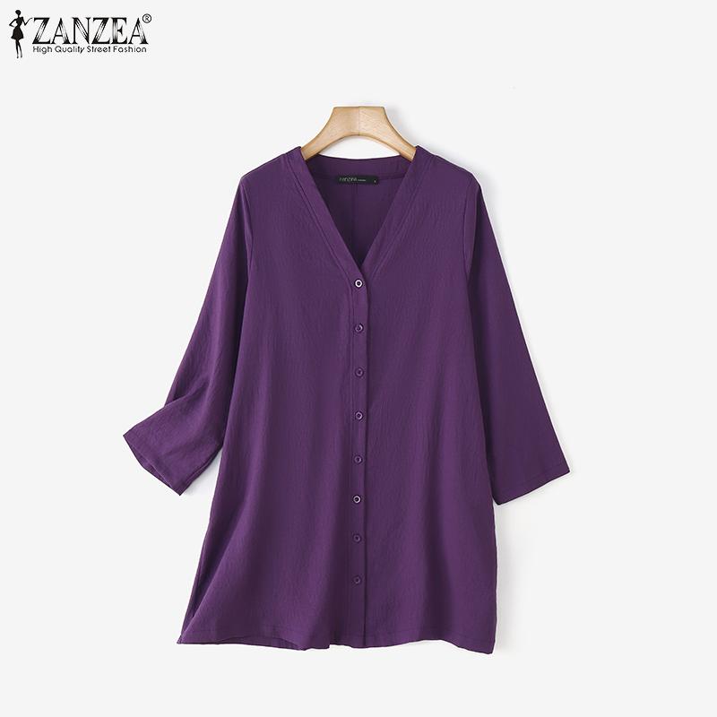 ZANZEA Women V Collar 3/4 Sleeve Buttons Up Casual Loose Long Cardigan Tops