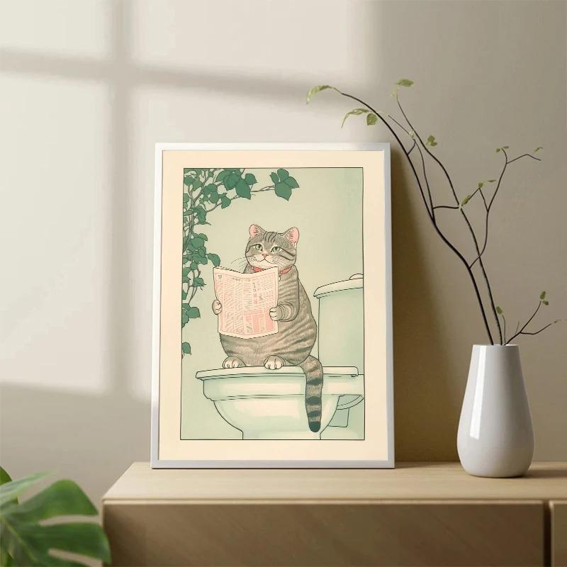 Gato Atigrado Japonés en Bañera Impresiones de Póster Pintura sobre Lienzo Estética Retro Arte de Pared Imagen Japandi Baño Aseo Decoración para el Hogar