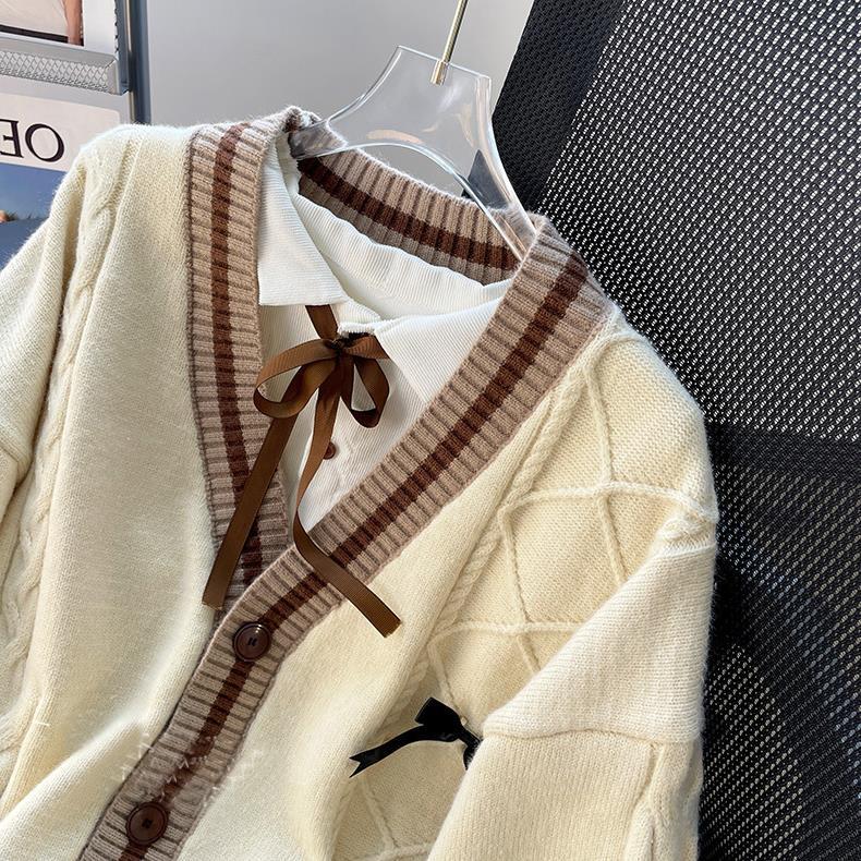 Sweet Bow Knitted Cardigans Y2k Aesthetic All Match Contrast Color Coats Fashion Single Breasted Women Kawaii JK Sweaters Jumper
