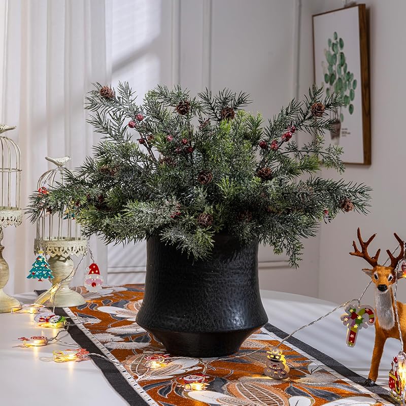 10PCS Artificial Pine Branches with Red Berry Pine Cones Artificial Pine Needles Branches Greenery Stems Fake Greenery Floral Arrangements