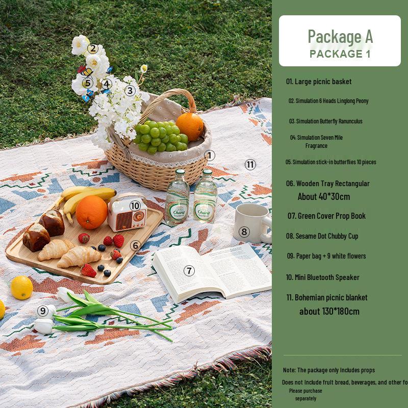 Picnic-Themed Photo Props: Outdoor Scene Decoration with Tablecloth and Tray for Food Photography.