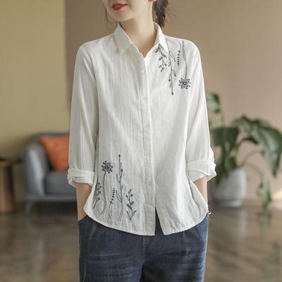 Top in cotone ricamato floreale da donna primavera 2024 - Semplice, artistico, manica lunga, vestibilità ampia
