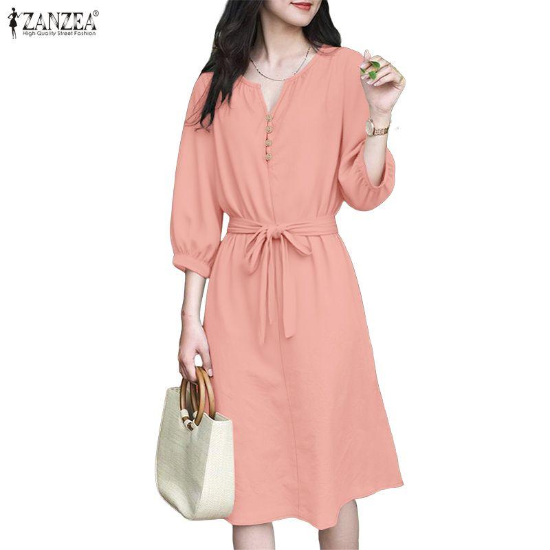 ZANZEA Women Casual V-Neck Loose 3/4 Sleeve Solid Dress