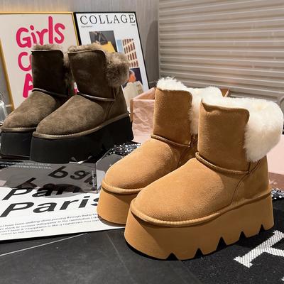 Winter neu Rindsleder Wolle dicksohlige Muffin kleine cm verdickte flauschige Schuhe Schnee Baumwollstiefel Damenschuhe