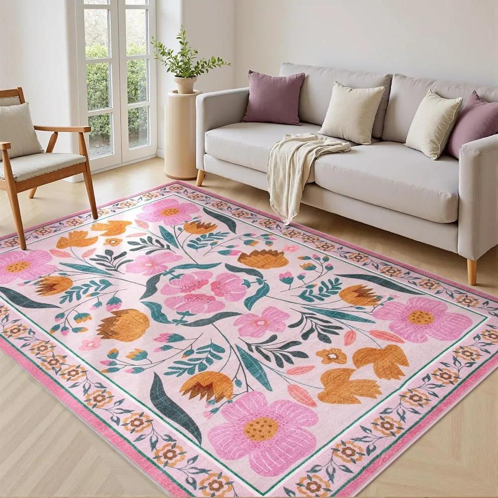 Soft Boho Floral Pattern Carpets for Home Decor Bedroom Area Rugs Kitchen Dinning Coffee Table Non-slip Mat Low Pile Carpet