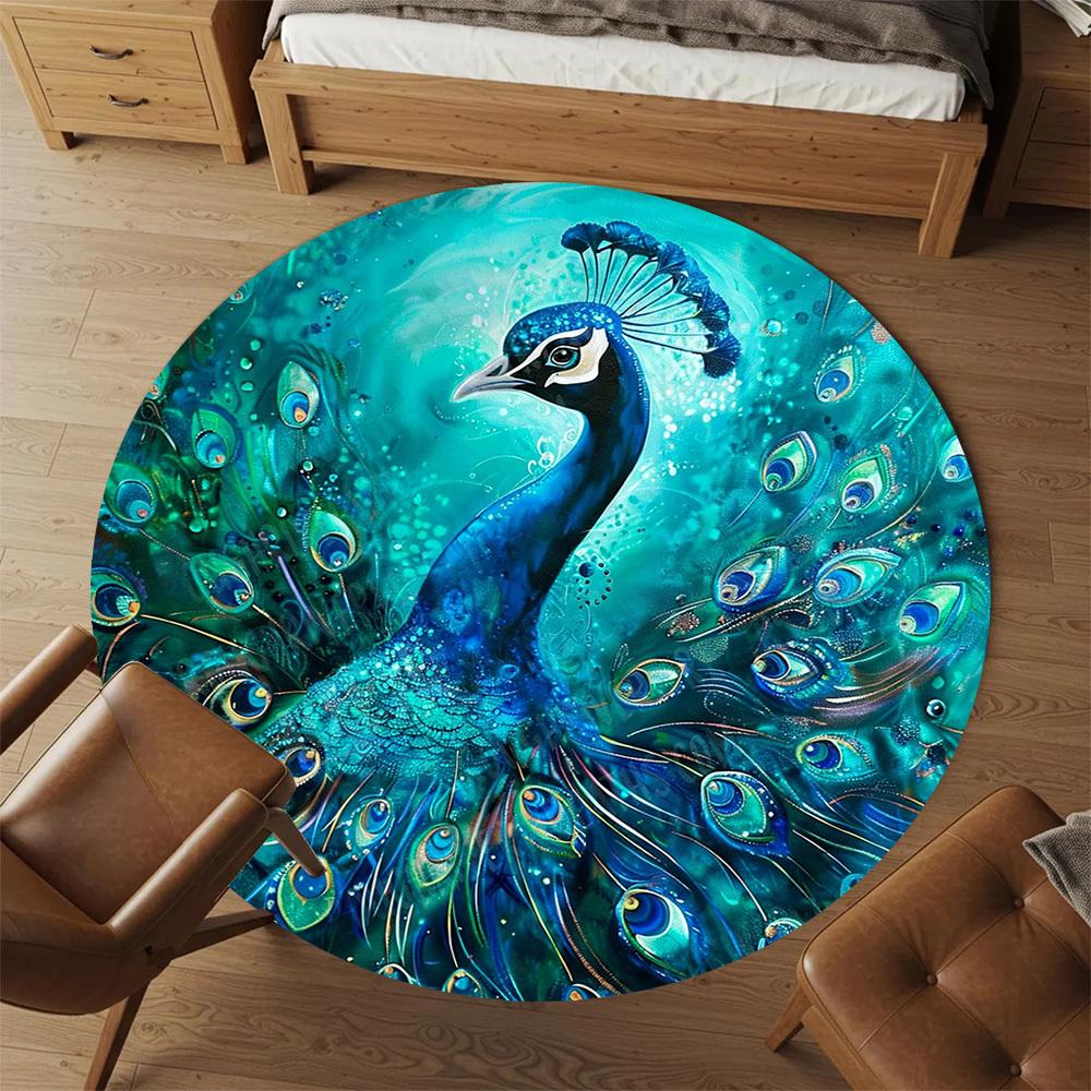 1PC Peacock Feathers Office Round Area Rug, Under Office Chairs Bedroom Living Room Home Decor, Carpet for Office -1110001