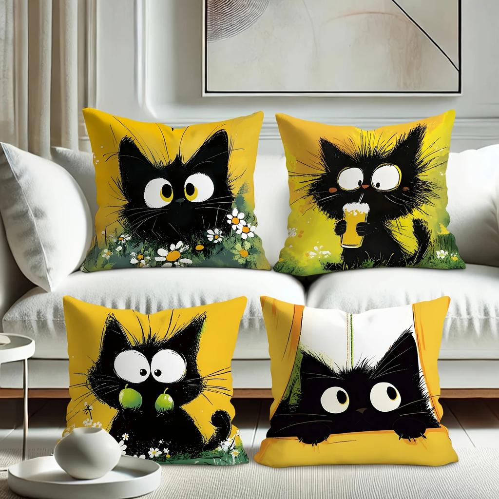 Set Of 4 Contemporary Black Cat Plush Print Throw Pillow Covers, Machine Washable, Zippered, Inserts Not Included