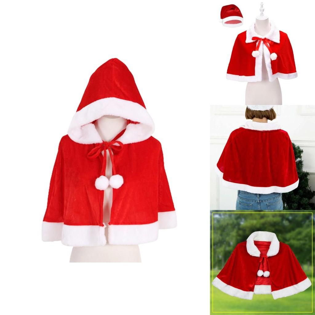 Xmas Red Velvet Santa Claus Hooded Cloak With Hat For Kids Adults