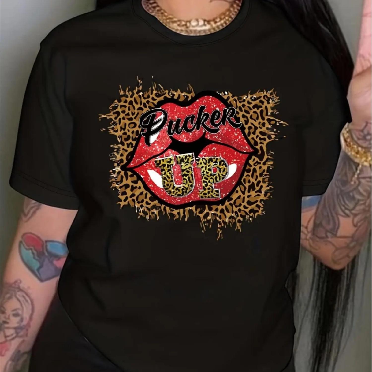 

1pc Women s Casual Crew Neck T-Shirt with Leopard & PUCKER UP Print, 100% Knit Fabric, Regular Length, All-Season Short-Sleeve T XXXXXL різнокольоровий