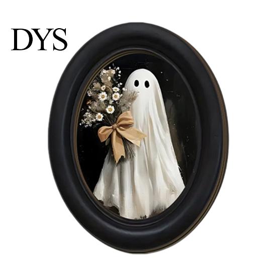 Oval Wood Picture Frame Halloween Gothic Wooden Hanging Plaque, Vintage Black Cat Ghost Wall Sweet Cool Sign Sign, Retro Waterproof Decorative Art for