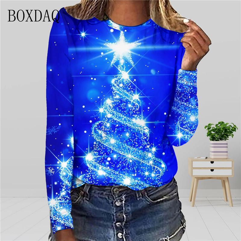 Christmas Tree Pattern Women 3d T-shirts Long Sleeve Christmas Style Street Fashion Ladies Tees Casual Cotton Tops Merry Year