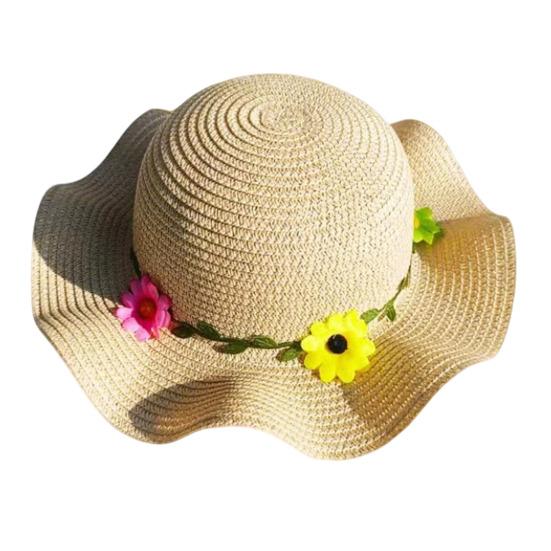 

Children Wide Protection Straw Brim UV Sun Hat Hat with 3D Flowers бежевый