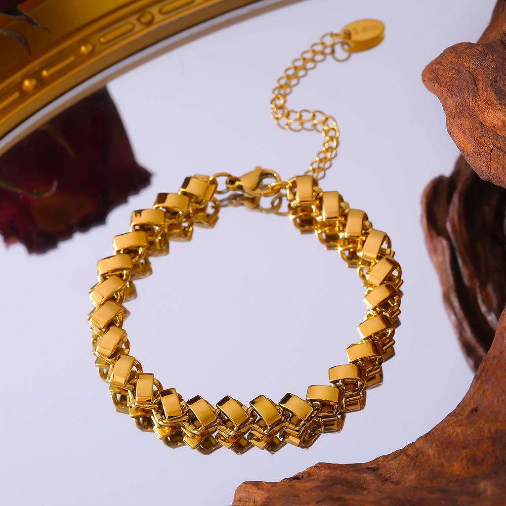 18K Gold Plated Geometric Necklace & Bracelet Set - Copper, Hip Hop Style, Color Retention
